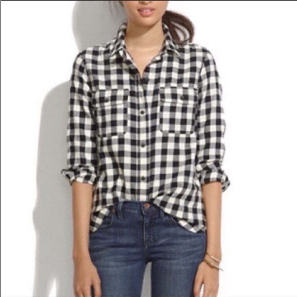 Madewell Lightweight Black and White Flannel Crossover Faux Tucked Shirt Sz XS